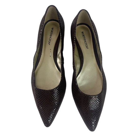 Worthington Faux Snakeskin Pointed Toe Flats Womens 11M Brown Leather Upper - Picture 3 of 7